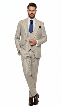 Men's Beige with blue Pinstripe Three-Piece Suit with Vest by Rossiman Vested Peak Lapel in Tan Stripe 1920s style