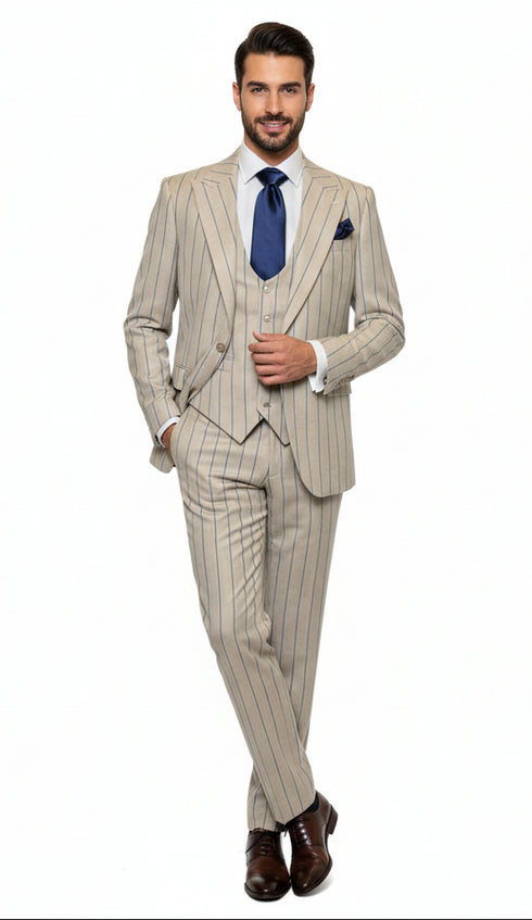 Men's Beige with blue Pinstripe Three-Piece Suit with Vest by Rossiman Vested Peak Lapel in Tan Stripe 1920s style