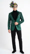 Mens Emerald Green Mardi Gras Blazer with Black Satin Lapel – Paisley Swirl Pattern Formal Party Jacket