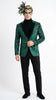 Mens Emerald Green Mardi Gras Blazer with Black Satin Lapel – Paisley Swirl Pattern Formal Party Jacket