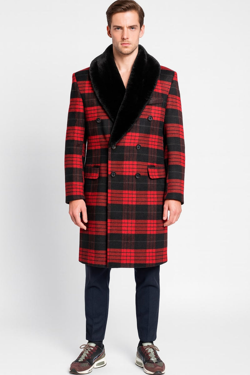 Mens Red and Black Plaid Wool Overcoat with Black Faux Fur Shawl Colla ...