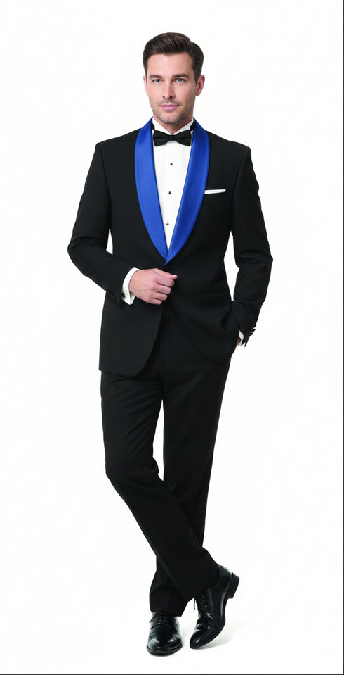 Men’s Black Tuxedo with Royal Blue Shawl Lapel | Modern Formal Dinner Jacket Suit + Pants for Weddings, Proms