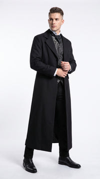 Men’s Matrix Neo Inspired Black Wool Duster Coat – Long Gothic Victorian Full Length Overcoat