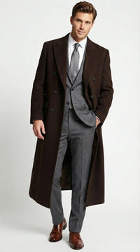 Men’s Brown Long Overcoat – Double Breasted Classic Formal Winter Coat for Business, Topcoat and Cold Weather Wear