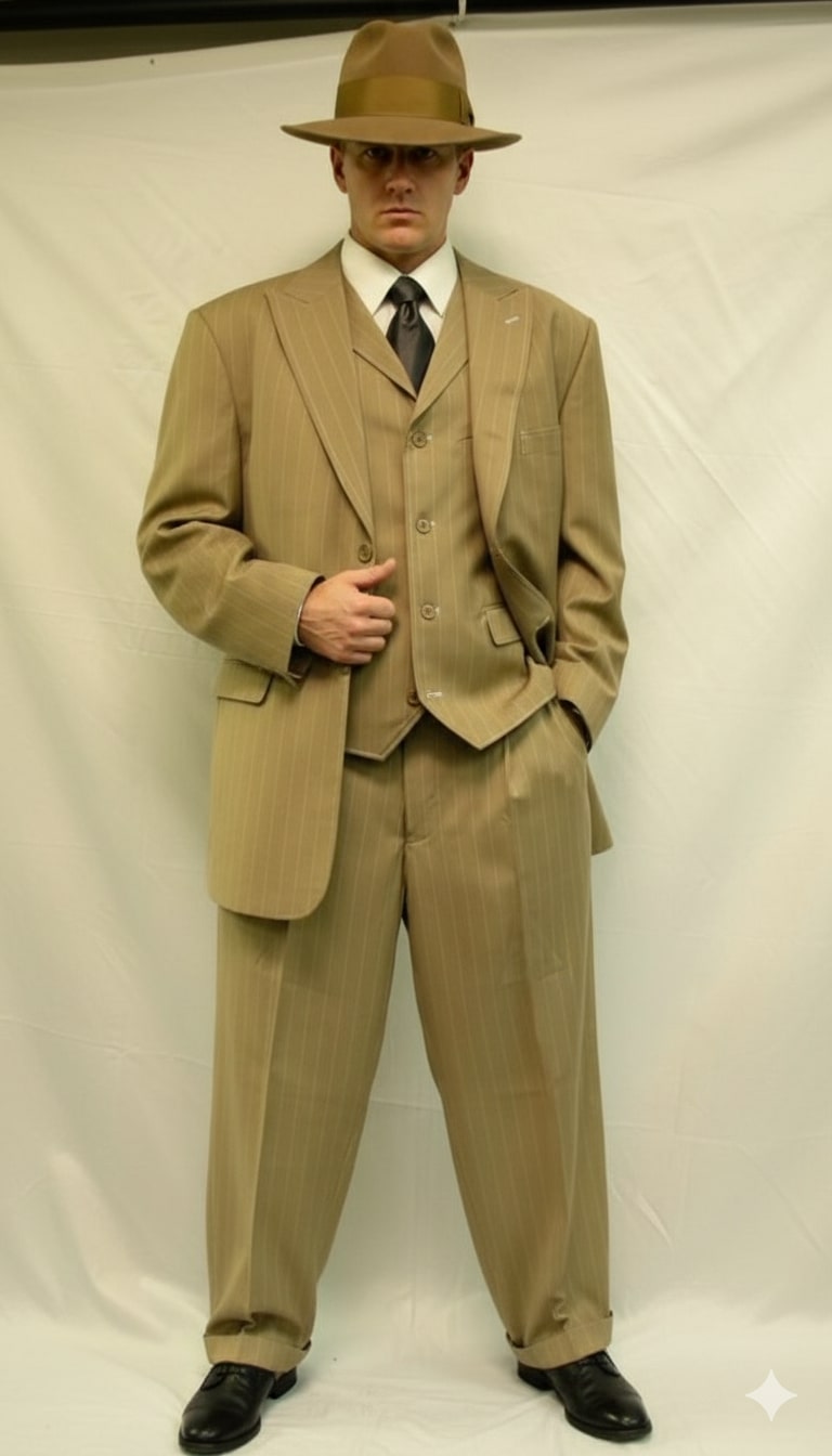 Mens Tan Pinstripe Zoot Suit – 1920s Gangster Vintage 3-Piece Suit