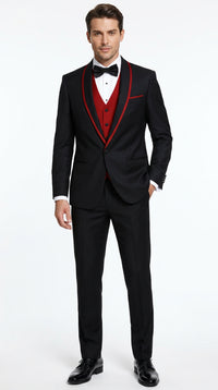 Statement Men's Black with Red Lapel Vested 100% Wool Tuxedo
