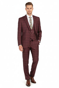 Men’s Burgundy Checkered 3-Piece Suit – Windowpane Classic Fit Plaid Blazer with Vest and Pants