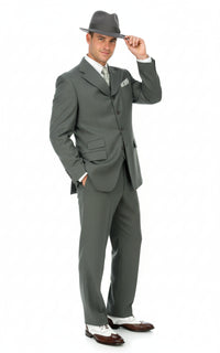 Men’s 1920s Gray Zoot Suit  – 4 Buttons  Gangster Wide Lapel Long Jacket 3-Piece Suit in Grey Color Classic Fit Pleated Pants
