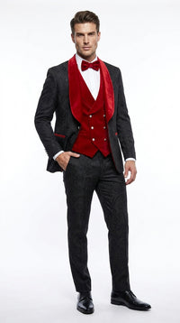 Men’s Black Paisley Tuxedo with Red Velvet Shawl Lapel – 3 Piece Wedding Prom Suit With Matching Bowtie