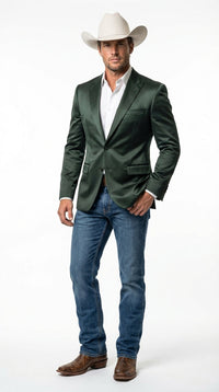 Mens Shiny Dark Green Cowboy Blazer – Western Style Satin Finish Blazer for Party, Country Hunter Color