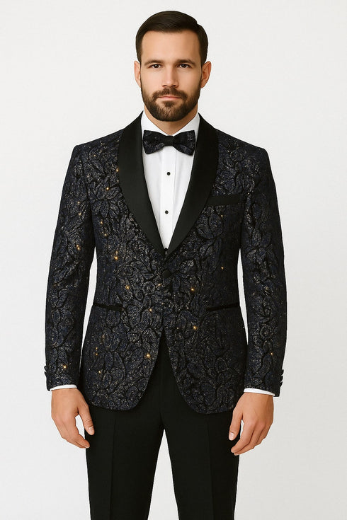 Mens Navy Black Glitter Floral Tuxedo Dinner Jacket with Satin Lapel- Blue Blazer Sequin Fabric