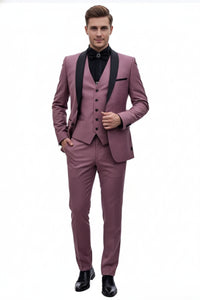Men's Rose Pink Tuxedo Suit – Luxury Three-Piece Formal Wear with Black Satin Lapel Dusty Mauve Color