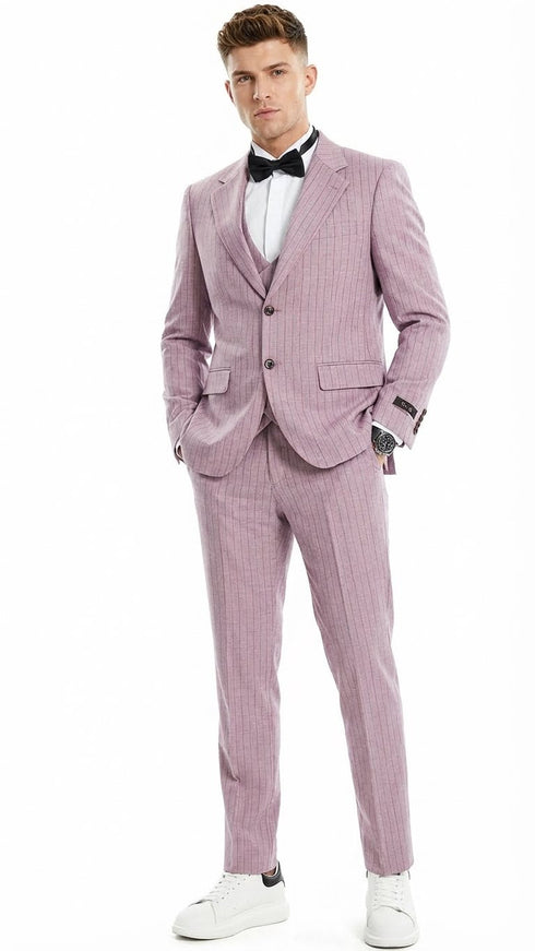 Men’s Dusty Rose Pink Pinstripe Three Piece Suit with Vest | Wedding and Party Formal Wear Prom or Church Suit