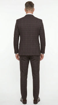 Men’s Vitali 3PC Suit – Choclate Brown and blue Plaid Check 3-Piece Suit with Double-Breasted Vest Modern Fit Side Vented