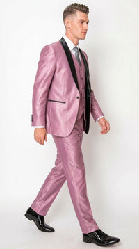 Men’s Shiny Mauve Pink 3 Piece Tuxedo – Wedding & Prom Suit with Black Shawl Lapel