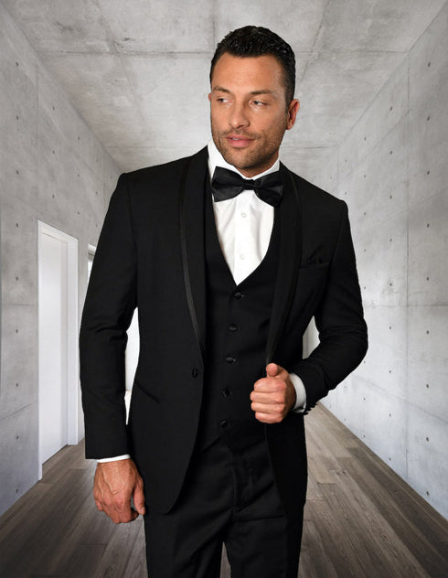 Mens Vested Shawl Lapel Tuxedo With Satin Trim in Black