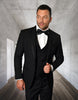 Mens Vested Shawl Lapel Tuxedo With Satin Trim in Black