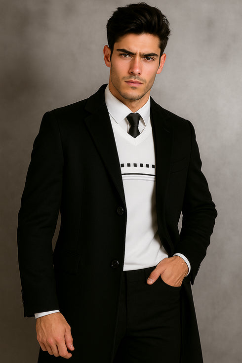 Men's Black Wool Overcoat – Big & Tall Dress Topcoat in Dark Color