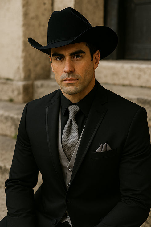 Men’s Black Western Tuxedo with Silver Vest & Cowboy Hat – Slim Fit