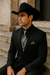 Men’s Black Western Tuxedo with Silver Vest & Cowboy Hat – Slim Fit
