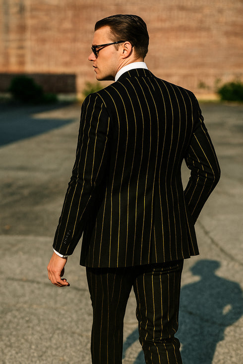 Mens 2 button Gangster Pinstripe Suit in Black & Red