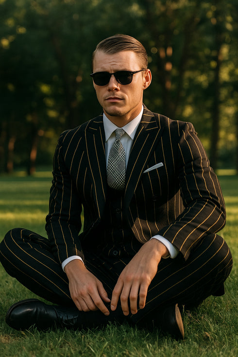 Mens 2 button Gangster Pinstripe Suit in Black & Red
