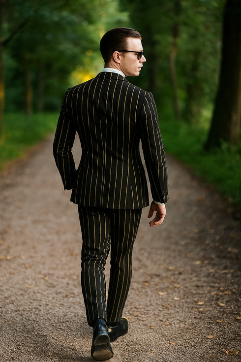 Mens 2 button Gangster Pinstripe Suit in Black & Red