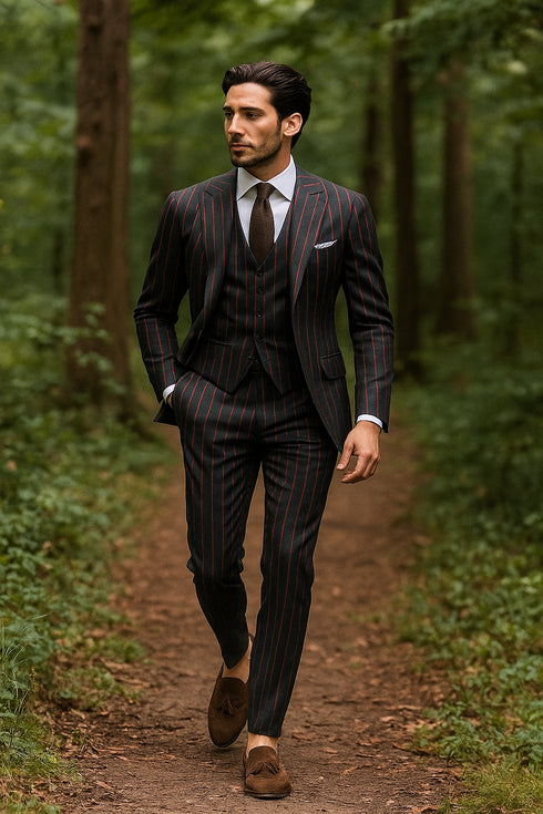 Mens 2 button Gangster Pinstripe Suit in Black & Red