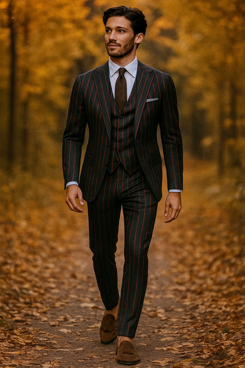 Mens 2 button Gangster Pinstripe Suit in Black & Red