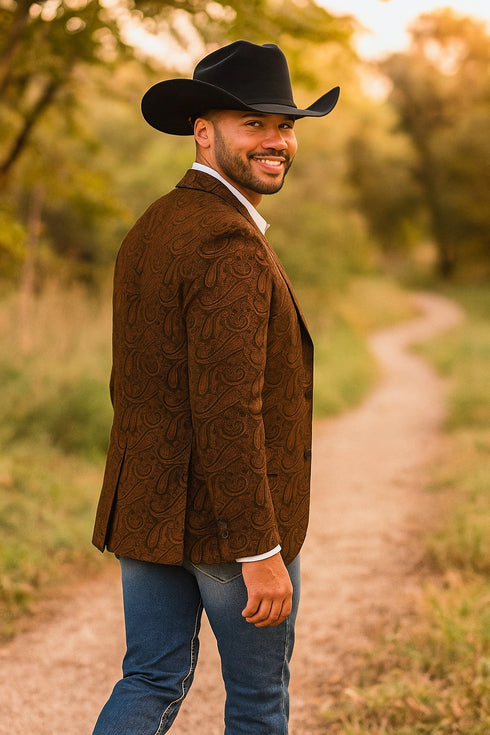 Mens Western Blazer - Paisley Pattern Cowboy Tuxedo Jacket in Color Copper