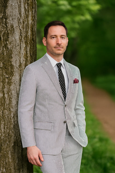 Men's 2pc Summer Seersucker Modern Fit Suit In Black Pinstripe