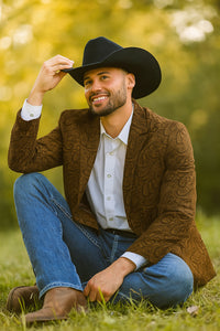 Mens Western Blazer - Paisley Pattern Cowboy Tuxedo Jacket in Color Copper
