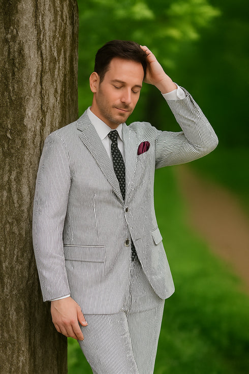 Men's 2pc Summer Seersucker Modern Fit Suit In Black Pinstripe