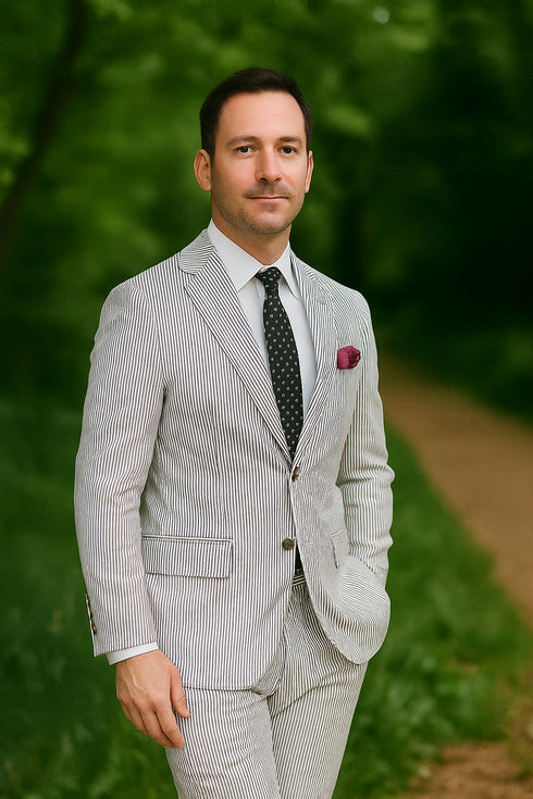 Men's 2pc Summer Seersucker Modern Fit Suit In Black Pinstripe