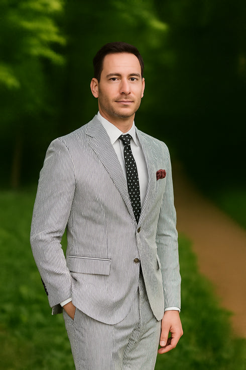 Men's 2pc Summer Seersucker Modern Fit Suit In Black Pinstripe