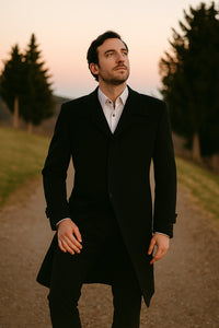 Black 100% Plush MicroFiber Dress Trench Top Long Coat - Mens Topcoat - Mens Overcoat