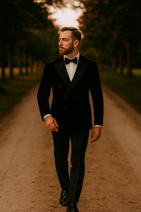 Double Breasted Six Button Black Velvet Tuxedo