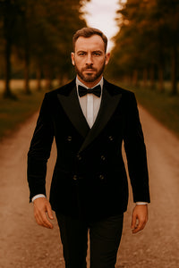 Double Breasted Six Button Black Velvet Tuxedo