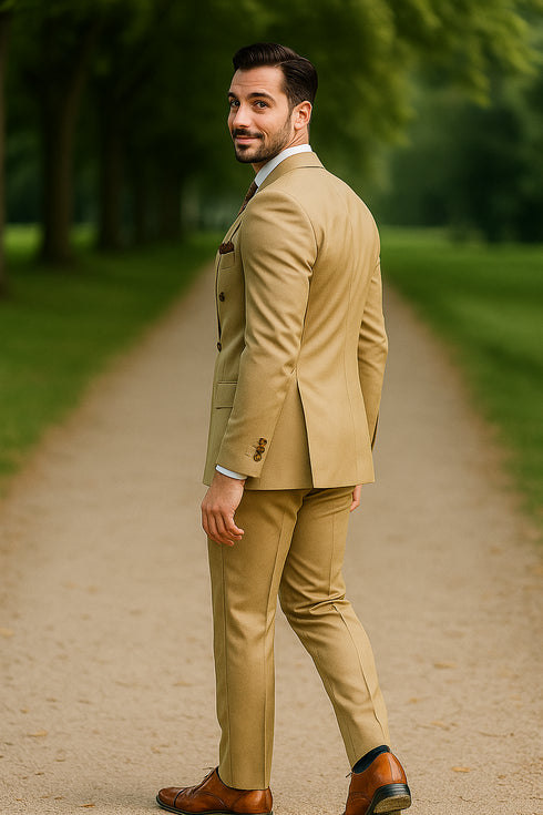 Mens Designer Modern Fit Double Breasted Designer Camel Gold Buttons Suit