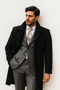 Mens Black Diamond Solid Black 100% Wool Gabardine Belted Duster Overcoat