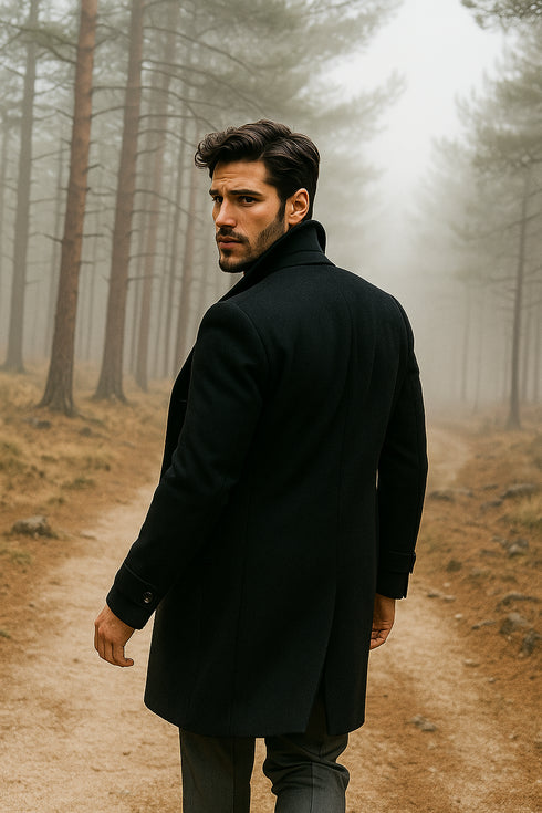Mens Black Diamond Solid Black 100% Wool Gabardine Belted Duster Overcoat