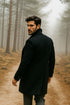 Mens Black Diamond Solid Black 100% Wool Gabardine Belted Duster Overcoat