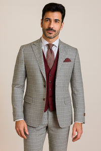 Mens Peak Lapel Modern Fit - No Pleated Pants Designer Brand Gray Single Breasted 3 Piece Vested Suit