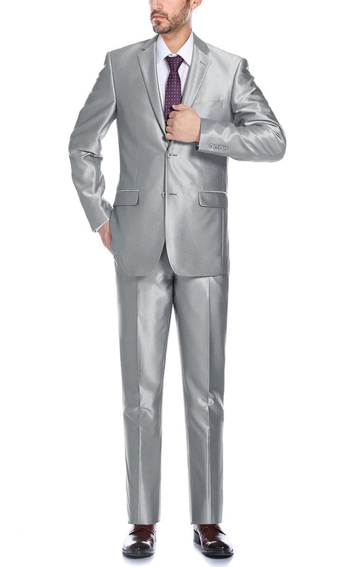 Gray Slim Fit Sharkskin Italian Styled 2 Piece Suit