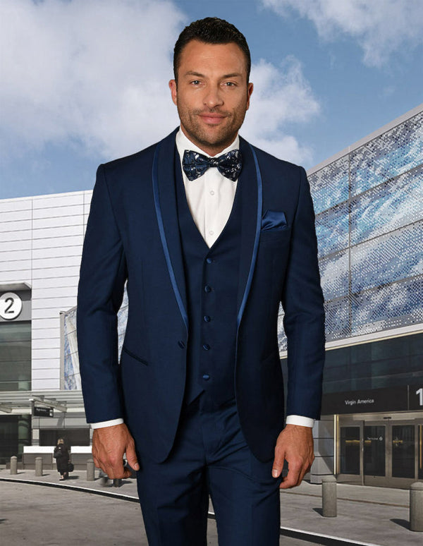 Mens Vested Shawl Lapel Tuxedo With Satin Trim in Sapphire Blue