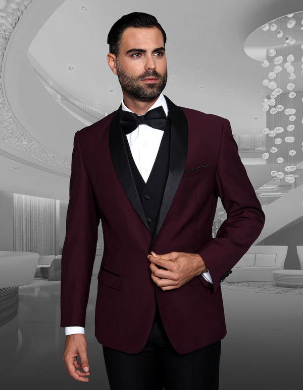 Mens Vested Wool Shawl Lapel Tuxedo in Burgundy