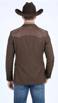 Men’s Dark Brown Western Blazer with Suede Yoke – Cowboy Sport Coat with Western Shoulder Details