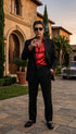 Tony Montana’s Black Blazer with Red Sateen Shirt – Men’s Black Formal Blazer and Red Satin Style Shirt Outfit for Party, Wedding and Vintage Wear
