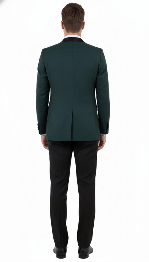 Men’s Green Tuxedo Suit – Slim Fit Jacket with Black Satin Shawl Lapel and Black Pants in Hunter Green