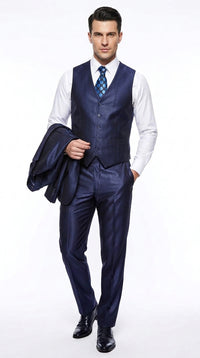 Men's Shiny Navy Blue Sateen 3-Piece Suit – Elegant Wedding, Prom Dress Suit with Matching Vest and Pants Slim Fitted